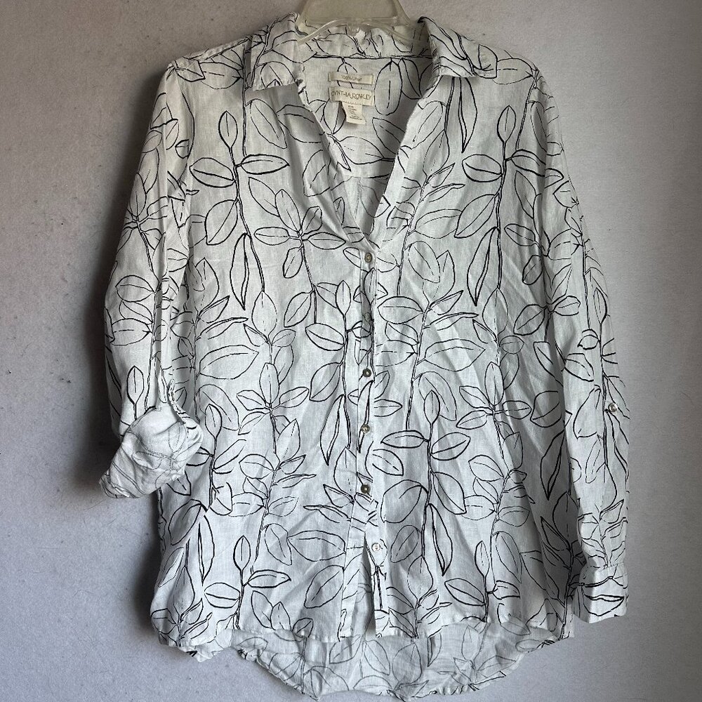 Cynthia Rowley shirt sz M Linen White Black Leaves roll tab lagenlook button‎ up